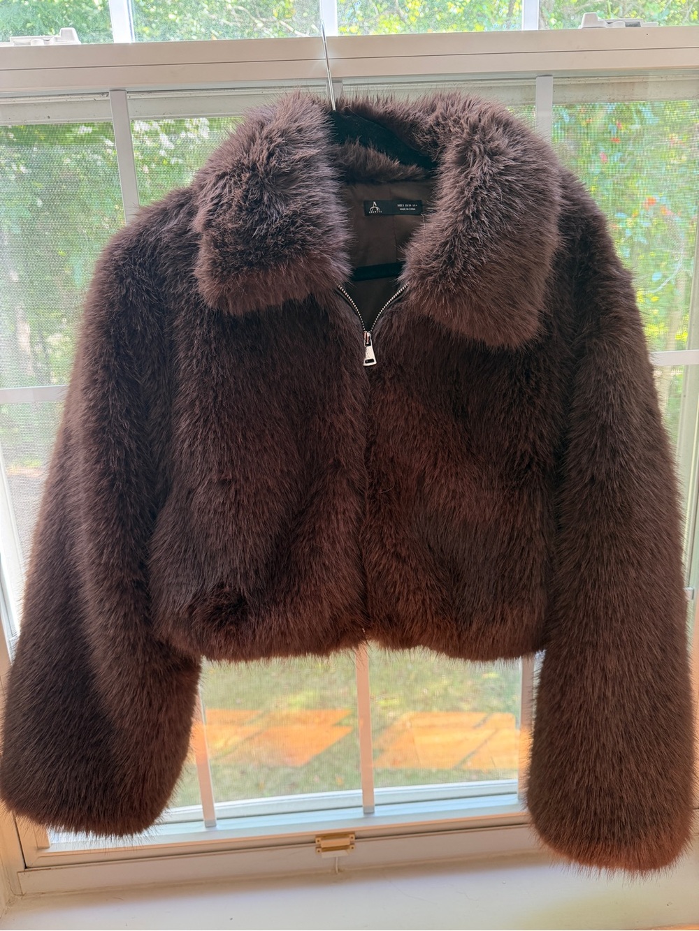 Plush Faux Fur Bomber Jacket - Brown